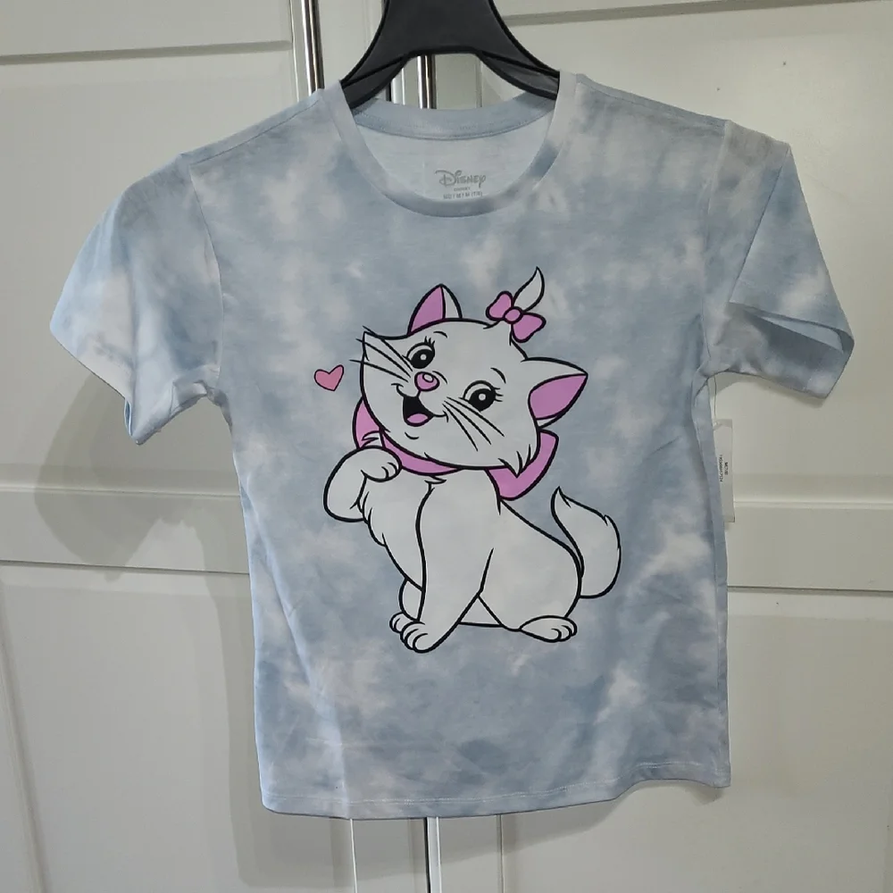 DISNEY GIRLS ARISTOCATS MARIE BLUE AND WHITE GRAPHIC TEE SHIRT SIZE M7/8 NEW - Picture 1 of 4